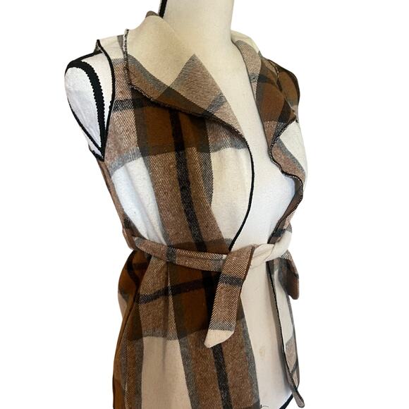 Cream Black Tan 2 Plaid Vest Tunic With Belt Size Small - Picture 1 of 8